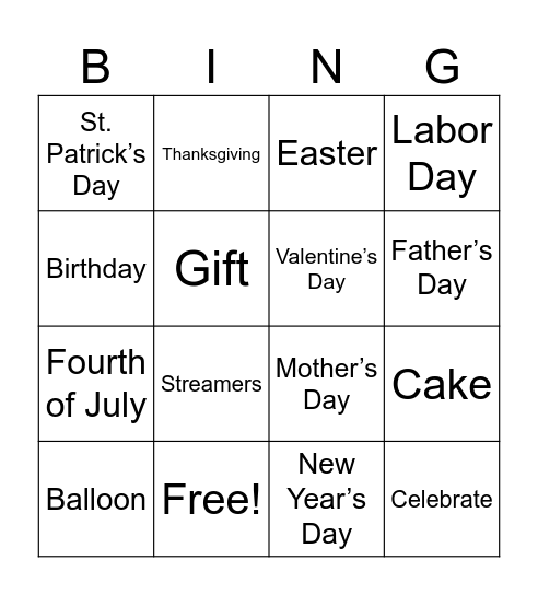 Holidays Bingo Card