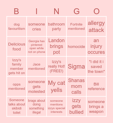 Izzy's Birthday Party Bingo Card