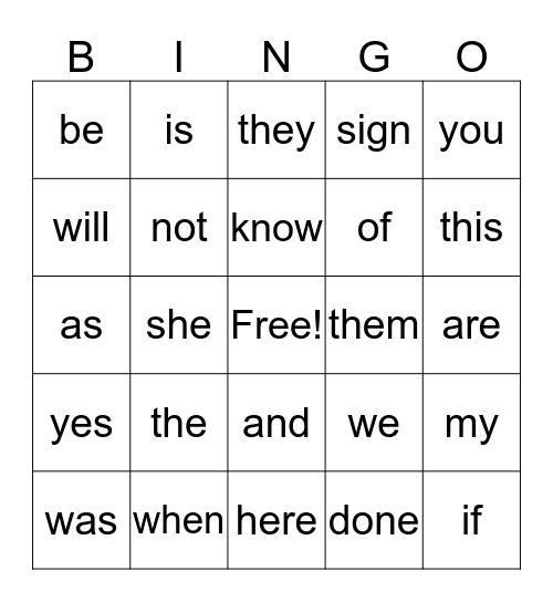 sight words Bingo Card