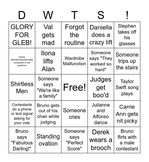 DWTS Bingo Card