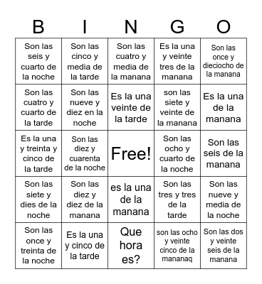 Time in Spanish Bingo Card