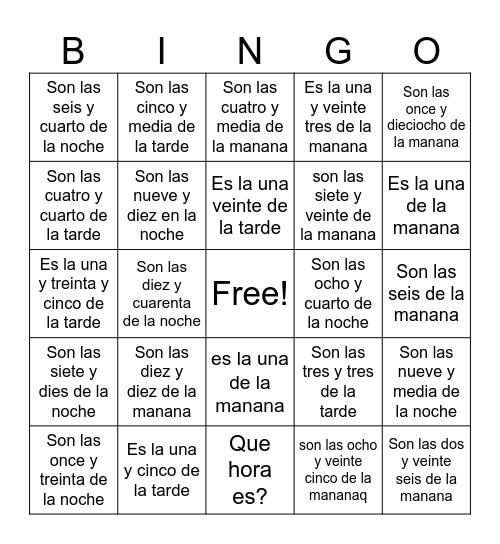 Time in Spanish Bingo Card