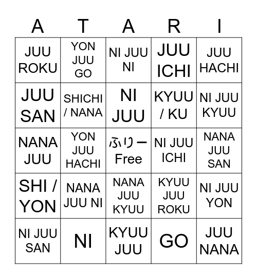 Romaji Numbers Bingo Card