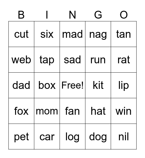 CVC Words Bingo Card