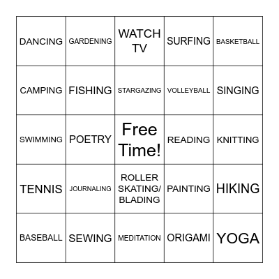 Leisure Activities Bingo Card