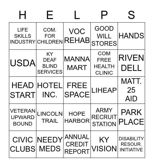 LIFESKILLS COMMUNITY RESOURCES Bingo Card