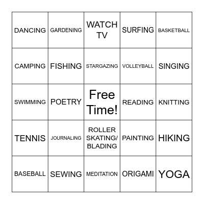 Leisure Activities Bingo Card