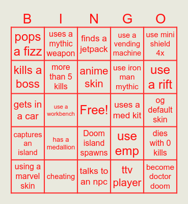 fortnite bingo Card