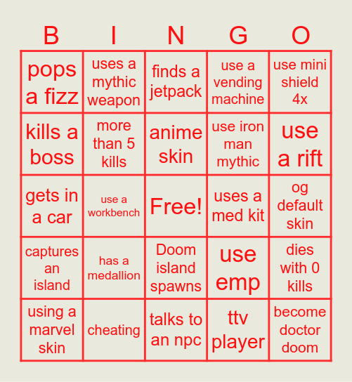 fortnite bingo Card