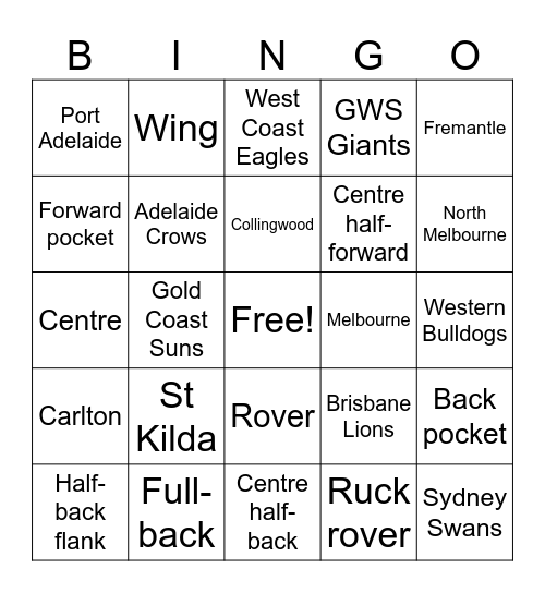 AFL Bingo Card