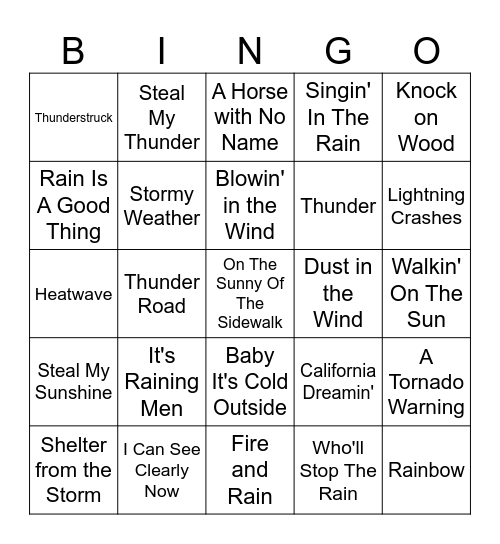 Weather Songs Bingo Card