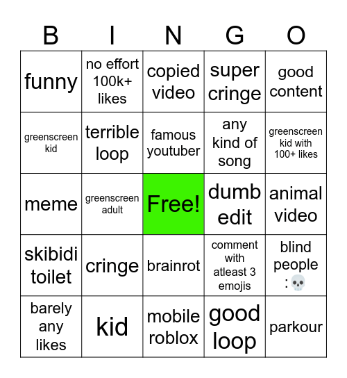 youtube shorts bingo Card