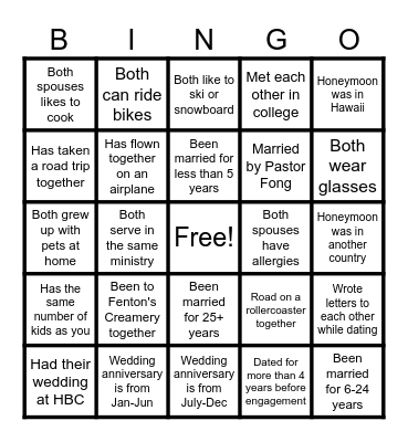 "Love Lifted Me" Couples Conference Bingo Card