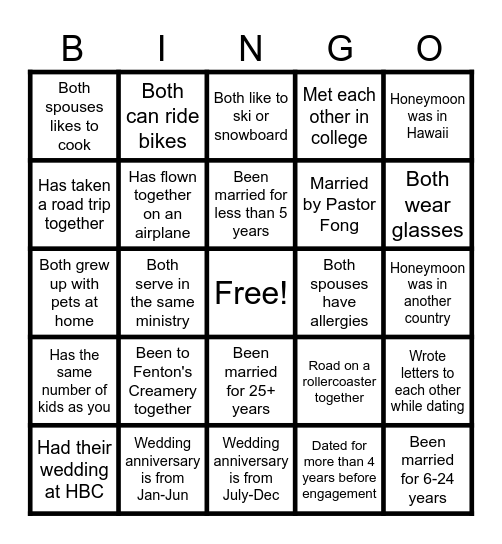 "Love Lifted Me" Couples Conference Bingo Card