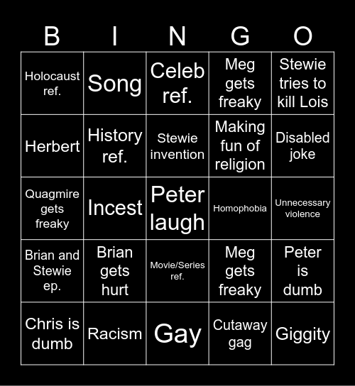 Family Guy Bingo Card