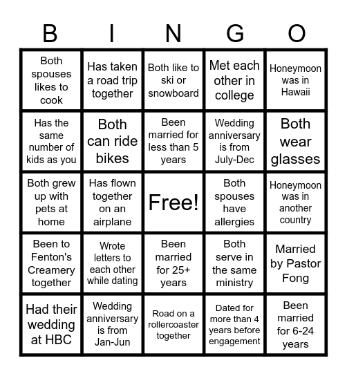 "Love Lifted Me" Couples Conference Bingo Card