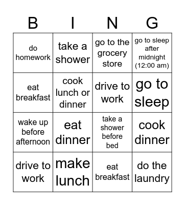 Routines Bingo Card