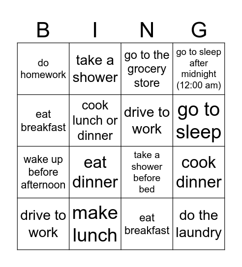 Routines Bingo Card