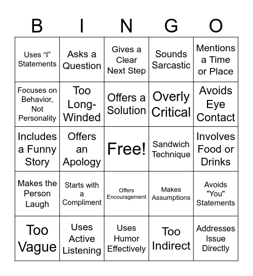 Feedback Bingo Card