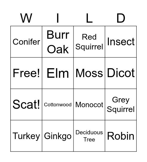 Wildlife Bingo Card