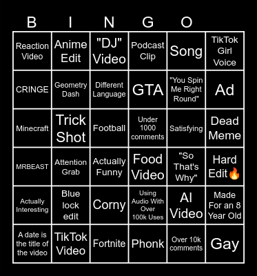 YouTube Shorts Bingo Card