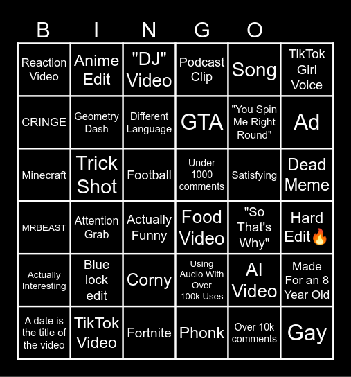 YouTube Shorts Bingo Card