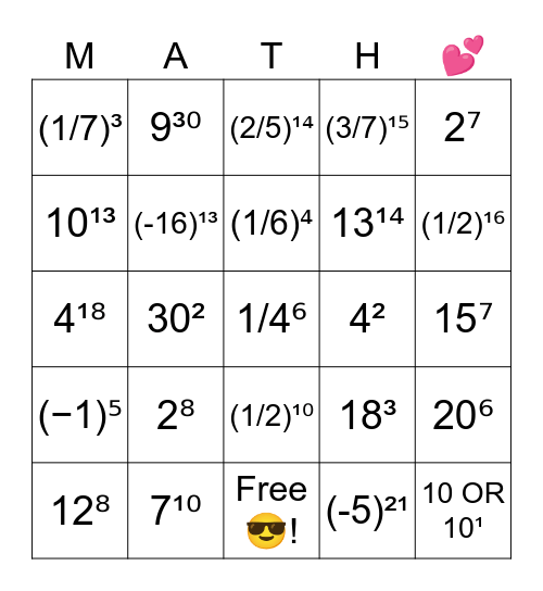 Exponents Bingo Card