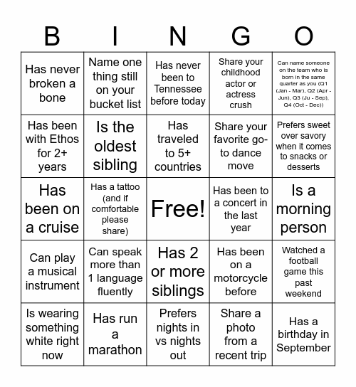 Ethos Accounting Team Offsite 2024 Bingo Card