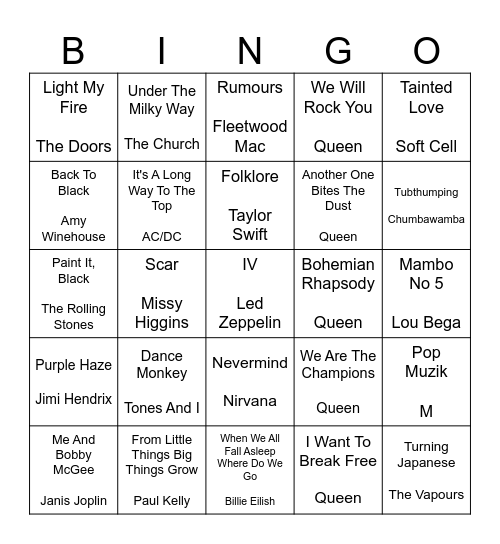 Music Bingo Card