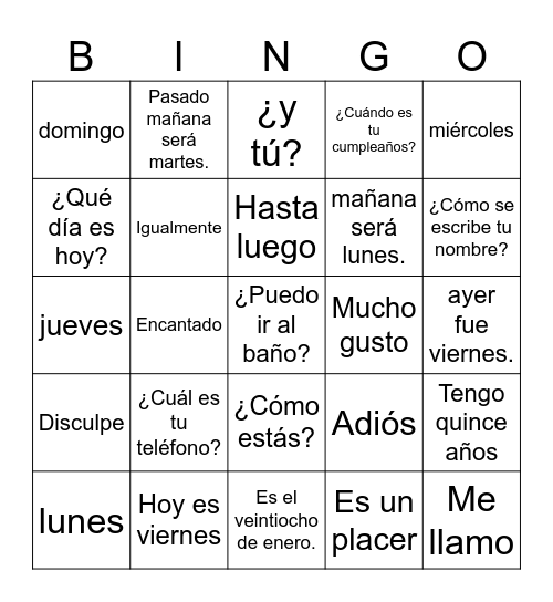 Spanish 1 Unidad Preliminar Bingo Card