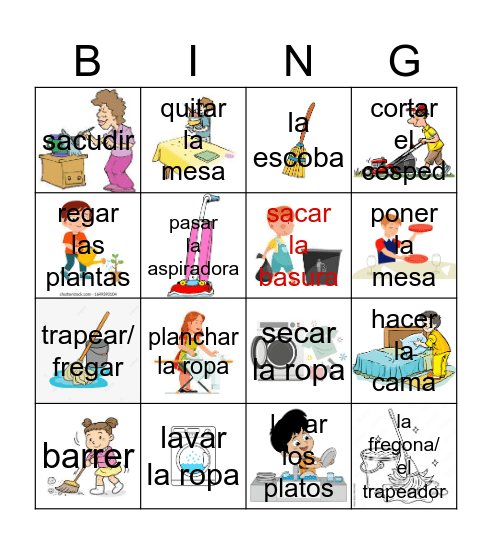 CCHS--Spanish 3, Unit 1 Los Quehaceres Bingo Card