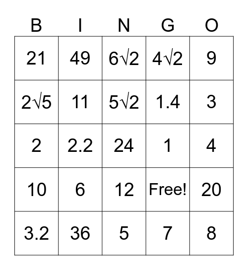 Square Root Bingo Card