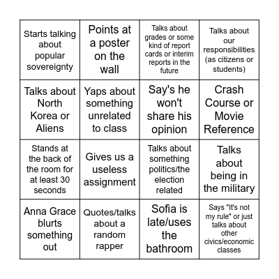 Civics Bingo!! Bingo Card