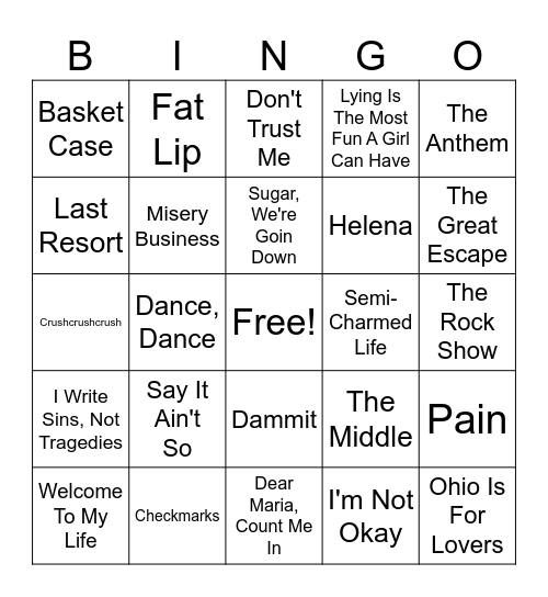 Emo Bingo Card