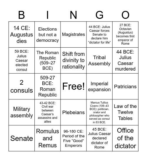 Ancient Rome Bingo Card