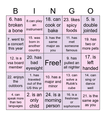 Meet VSA Members! Bingo Card