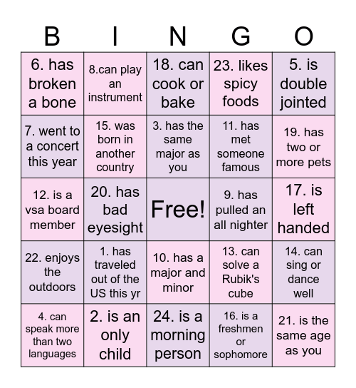 Meet VSA Members! Bingo Card