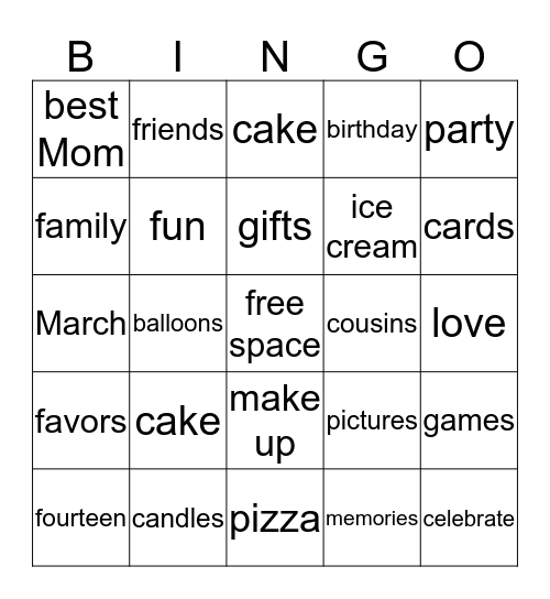 Mary's Birthday Bingo Card