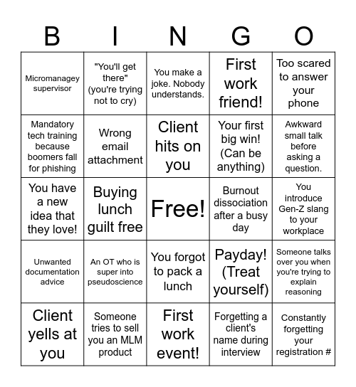 First OT Job Bingo! Bingo Card