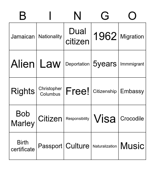 Citizenship Bingo Card