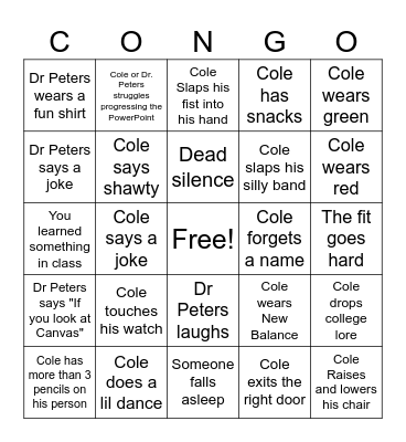 Congo Bingo Card