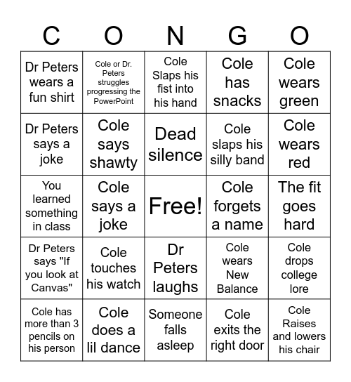 Congo Bingo Card