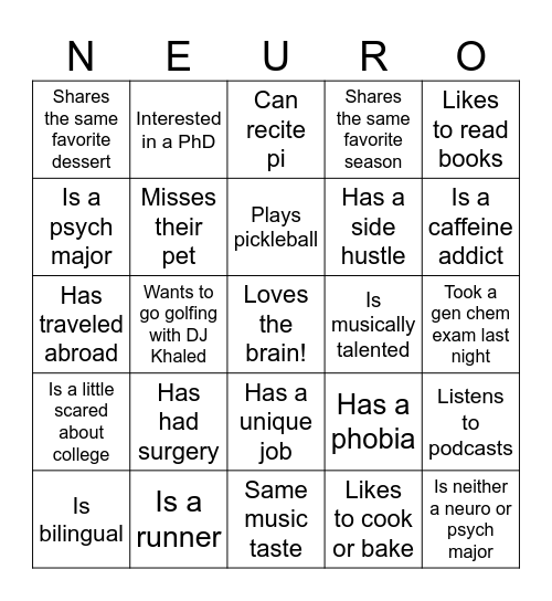 Neuro Bingo!!! Bingo Card