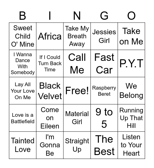 Music Bingo - 80's Bingo Card