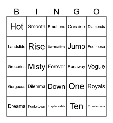 Songs with one word titles Sept Bingo Card