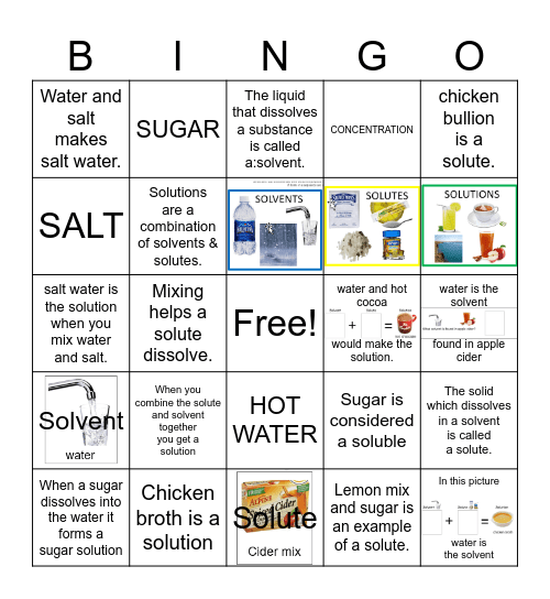 Solvent Solute and Solution Bingo Card