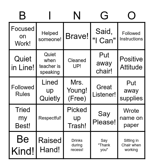 Class Rules Bingo (Young 2024) Bingo Card