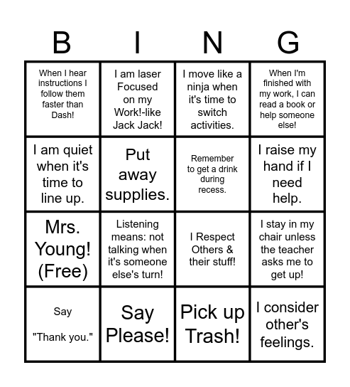 Elementary Class rules (Young 2024) l Bingo Card