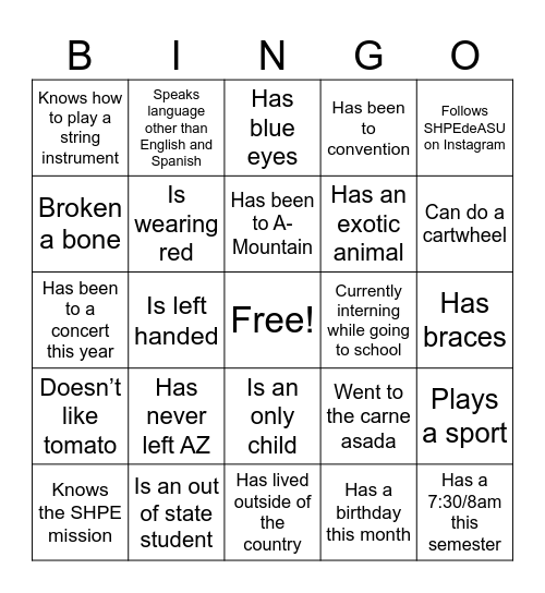 SHPE Bingo Card