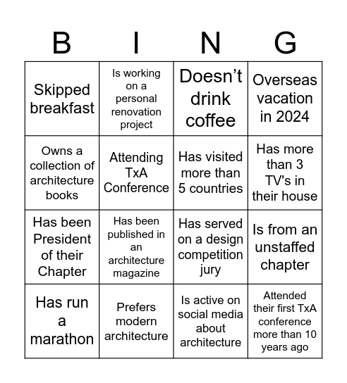 TxA Board Bingo Card